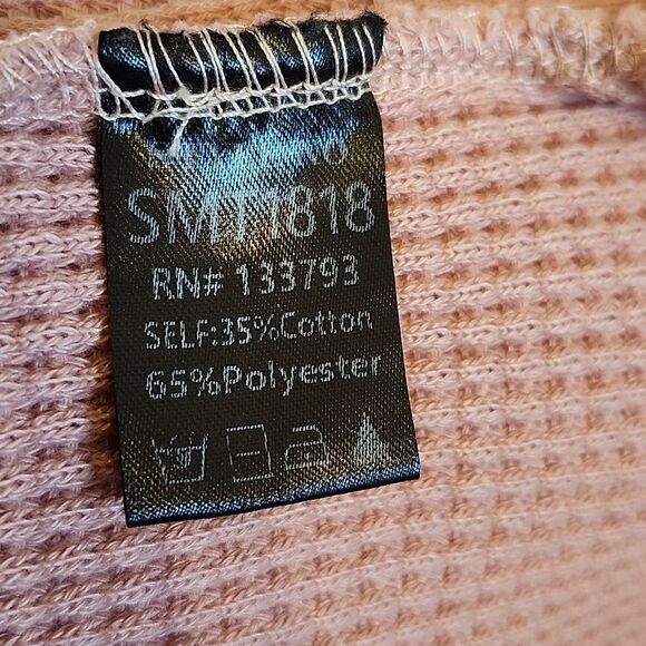 POL mixed media v-neck sweatshirt, peach & coral, waffle knit sweatshirt M - Picture 6 of 7